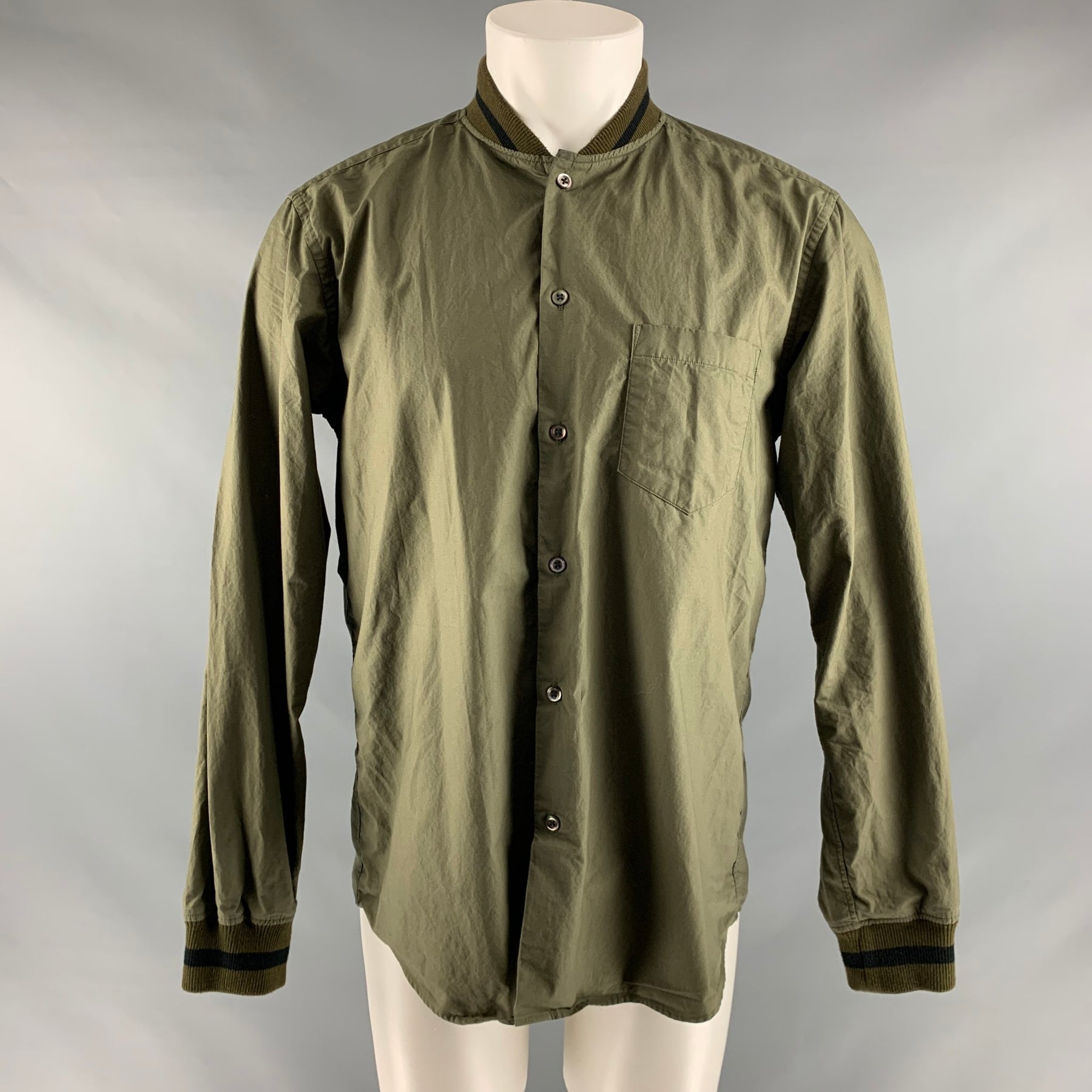 SOPHNET Size XL Olive Solid Cotton Button Up Long Sleeve