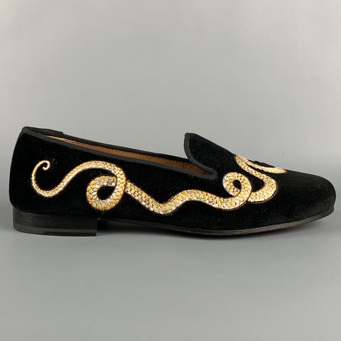 STUBBS &amp; WOOTTON Talla 9 Zapatos planos sin cordones bordados de terciopelo negro