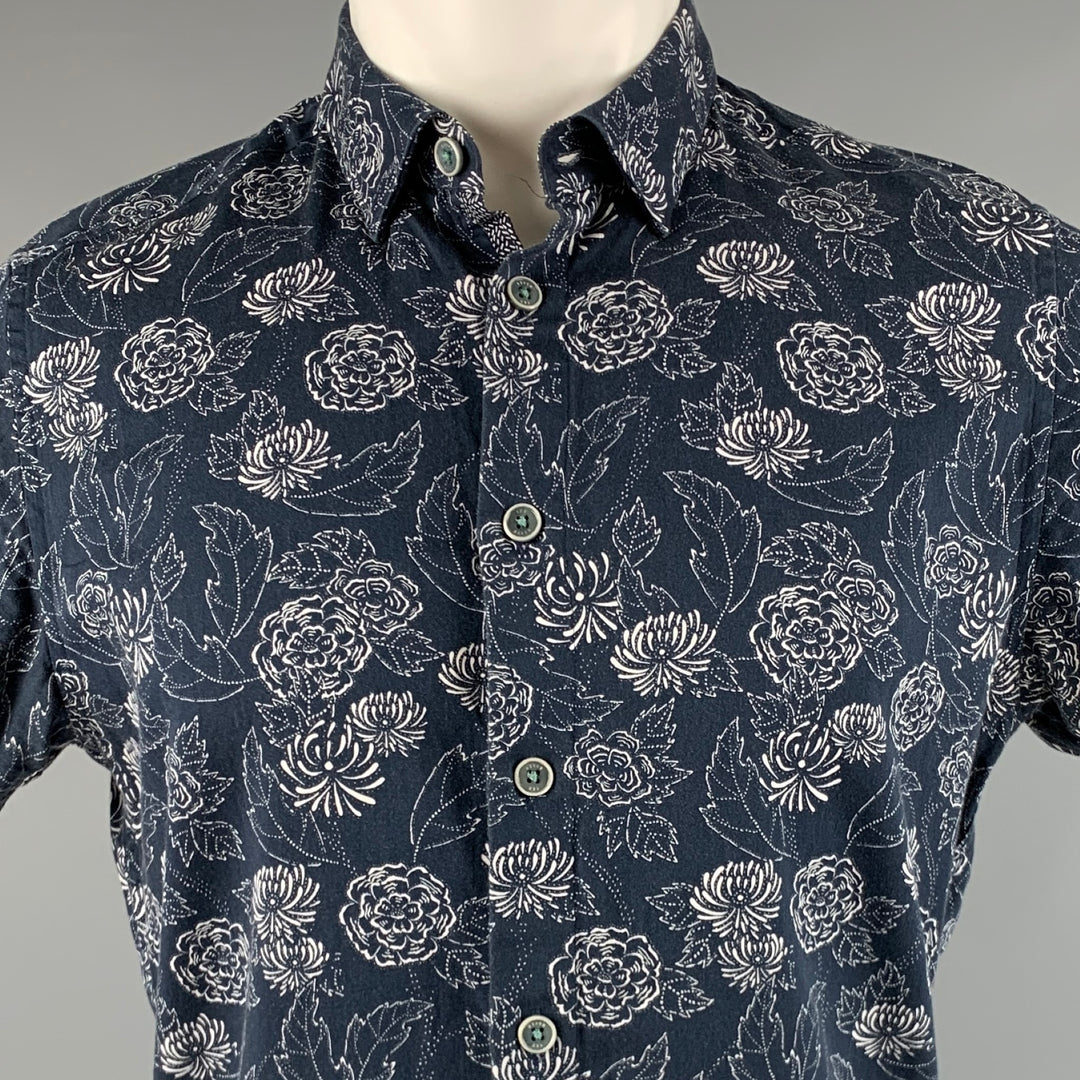 TED BAKER Size M Navy White Floral Cotton Short Sleeve Shirt