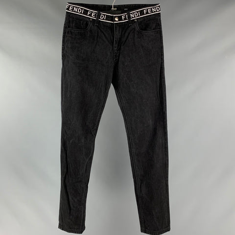 FENDI Size 33 Black White Logo Cotton Zip Fly Jeans