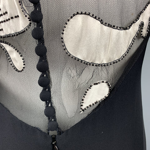 BILL BLASS Size 6 Black Cream Floral Mesh Sleeve Chiffon Gown