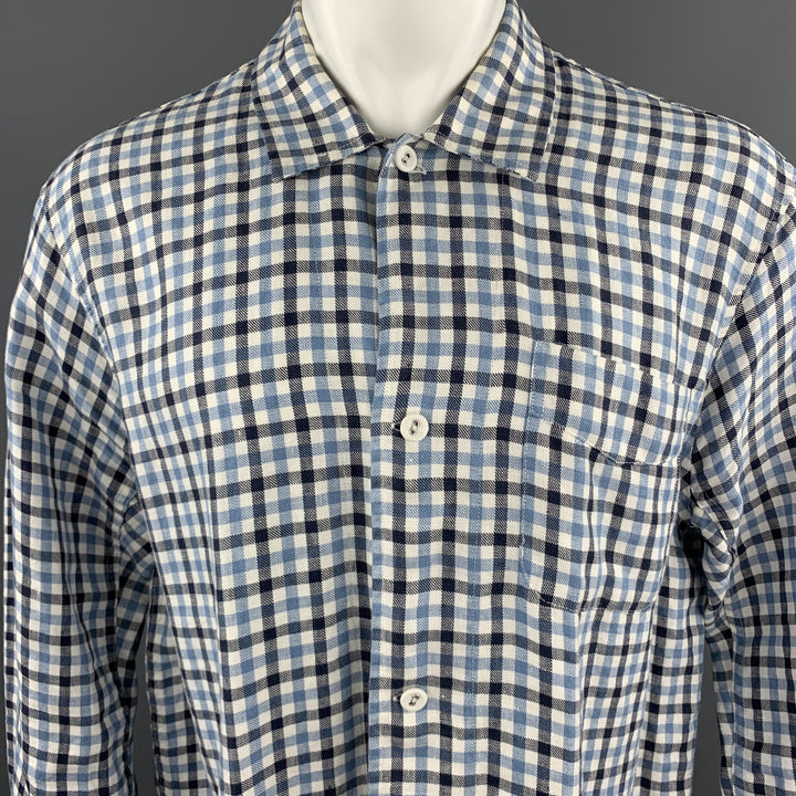 OUR LEGACY Size 40 White & Blue Checkered Plaid Cotton Oversized Shirt