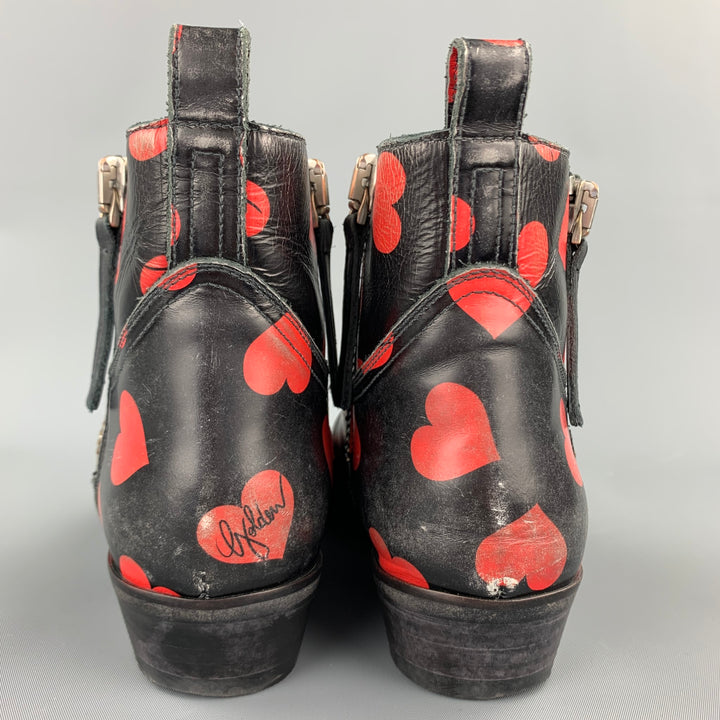 GOLDEN GOOSE Viand Size 7.5 Black & Red Heart Print Leather Ankle Boots