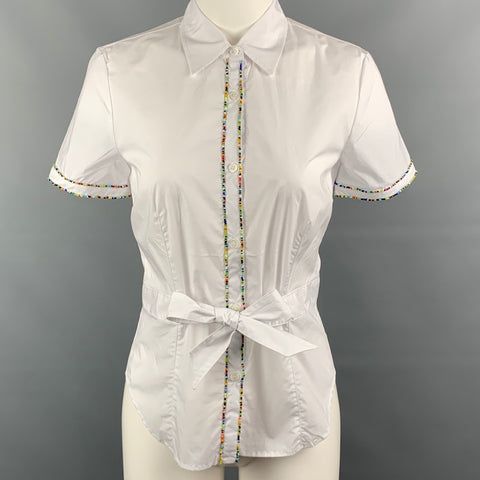 LOVE MOSCHINO Size 6 White Cotton / Elastane Buttoned Tie-belt Beads Blouse