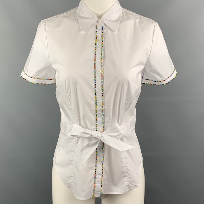 LOVE MOSCHINO Size 6 White Cotton / Elastane Buttoned Tie-belt Beads Blouse