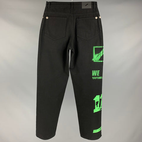 WE 11 DONE Size S Black Green Graphic Cotton Wide Leg Jeans