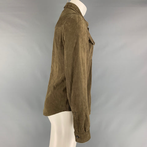 ISAIA Size 40 Olive Textured Leather Patch Pockets Long Sleeve Shirt