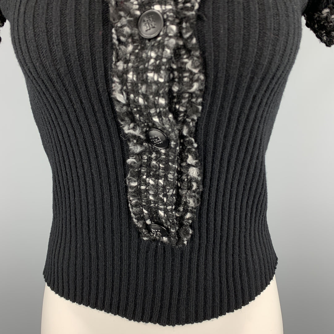 CAROLINA HERRERA Talla 6 Jersey con botones de manga corta y ribete gris en mezcla de lana negra