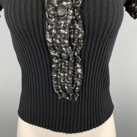 CAROLINA HERRERA Size 6 Black Wool Blend Gray Trim Short Sleeve Button Pullover