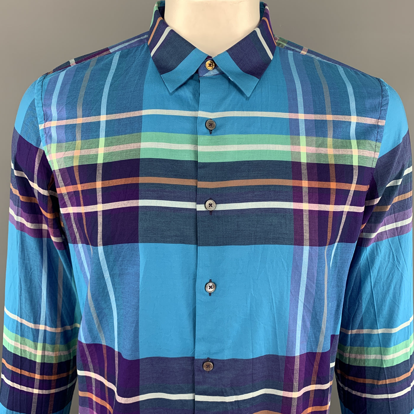 PAUL SMITH Size XL Plaid Aqua Cotton Button Up Pointed Collar Long Sleeve Shirt