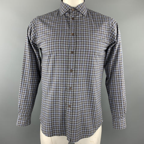 KOIKE Size L Blue & Grey Plaid Cotton Button Up Long Sleeve Shirt