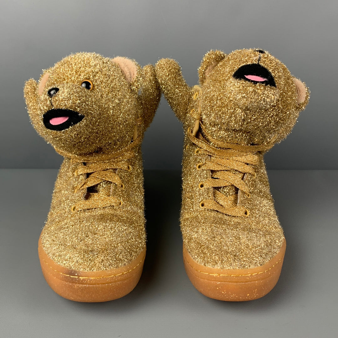 JEREMY SCOTT x ADIDAS Size 11 Tinsel Gold Metallic High Top Bear Sneak Sui Generis Designer Consignment JEREMY SCOTT x ADIDAS Size 11 Tinsel Gold Metallic High Top Bear Sneak Sui Generis Designer Consignment