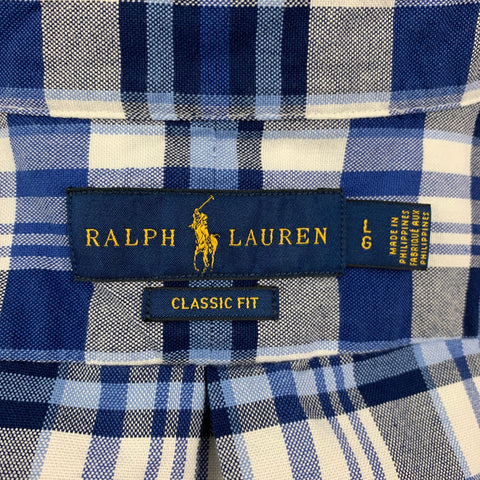 RALPH LAUREN Size L Blue White Plaid Cotton Short Sleeve Shirt