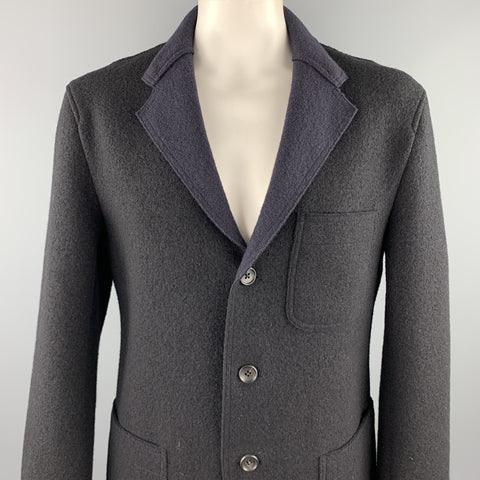 ISSEY MIYAKE Size XL Navy Textured Wool Notch Lapel Coat