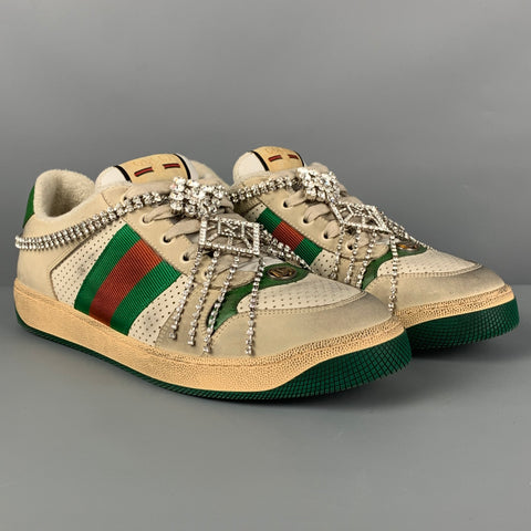 GUCCI Size 8.5 Off White Green Distressed Leather Crystal Screener Sneakers