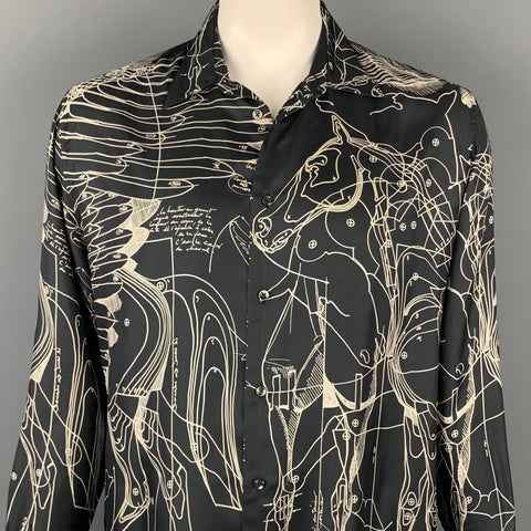 HERMES Le Pegase d'Hermes by Christian Renonciat Size L Black & Beige Print Silk Button Up Long Sleeve Shirt