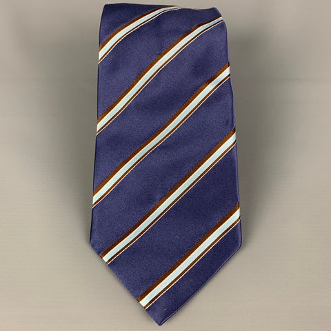 BRIONI Navy Blue Brown Diagonal Stripe Silk Neck Tie