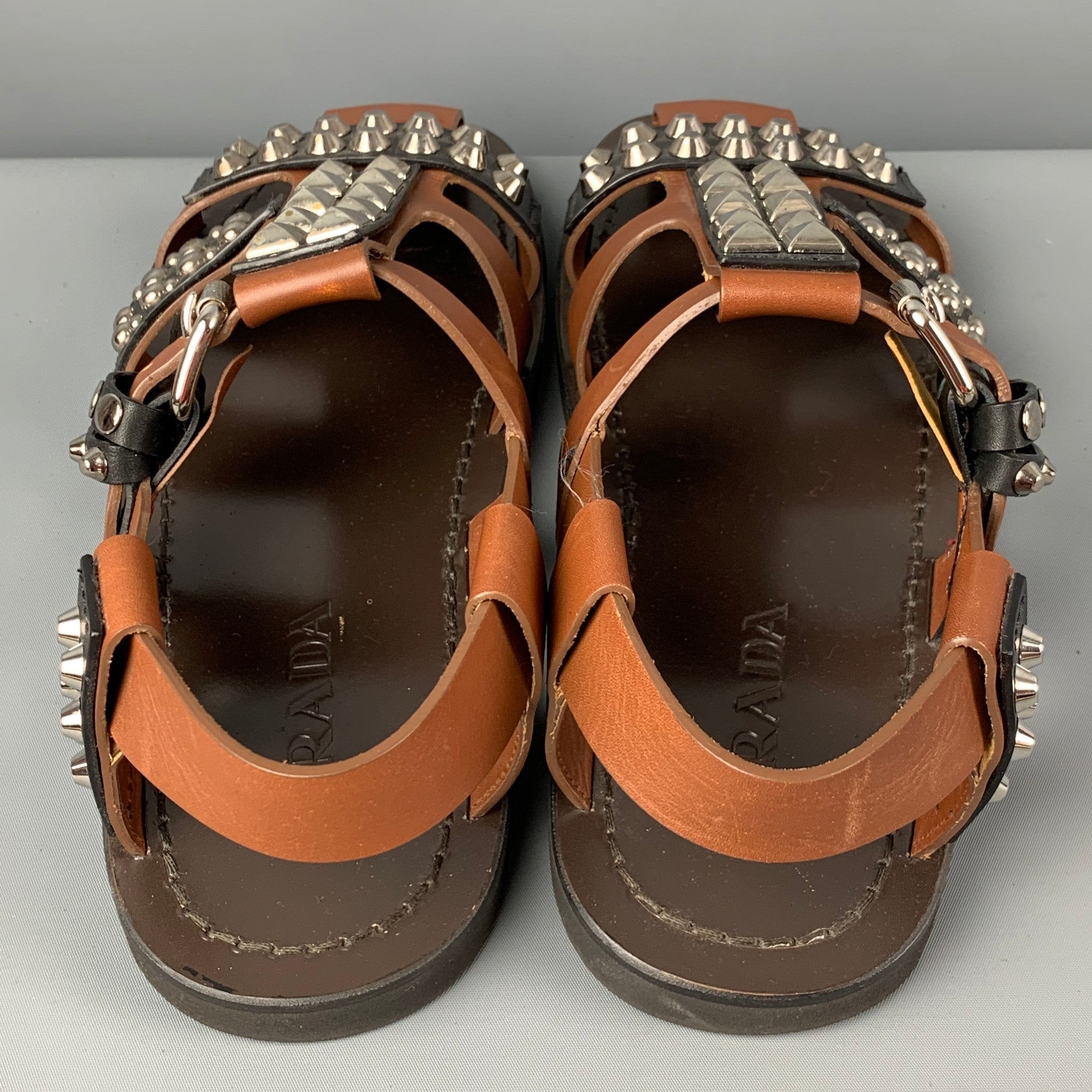 PRADA SS 18 Size 11 Black Brown Studded Leather Straps