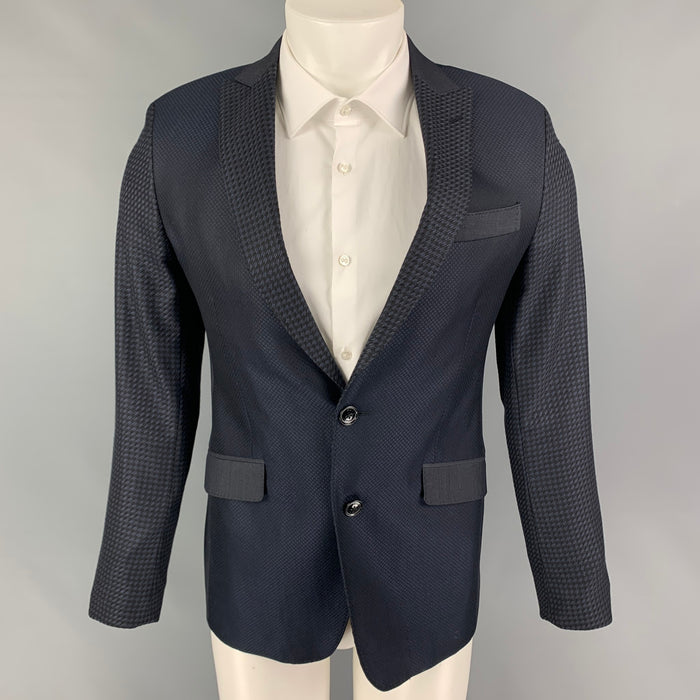 ETRO Size 38 Black Navy Mixed Fabrics Wool Peak Lapel Sport Coat