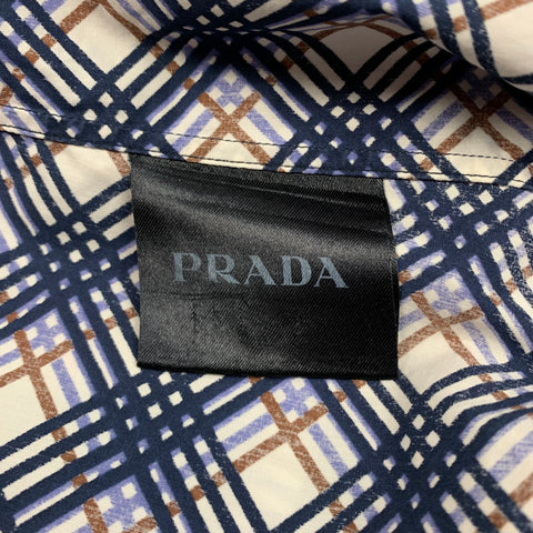 PRADA Size S Navy & White Plaid Cotton Button Up Long Sleeve Shirt