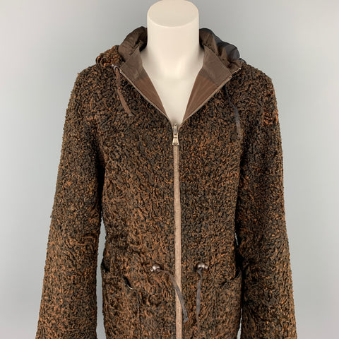VINTAGE Size M Brown Stripe Astrakhan Fur Reversible Hooded Jacket
