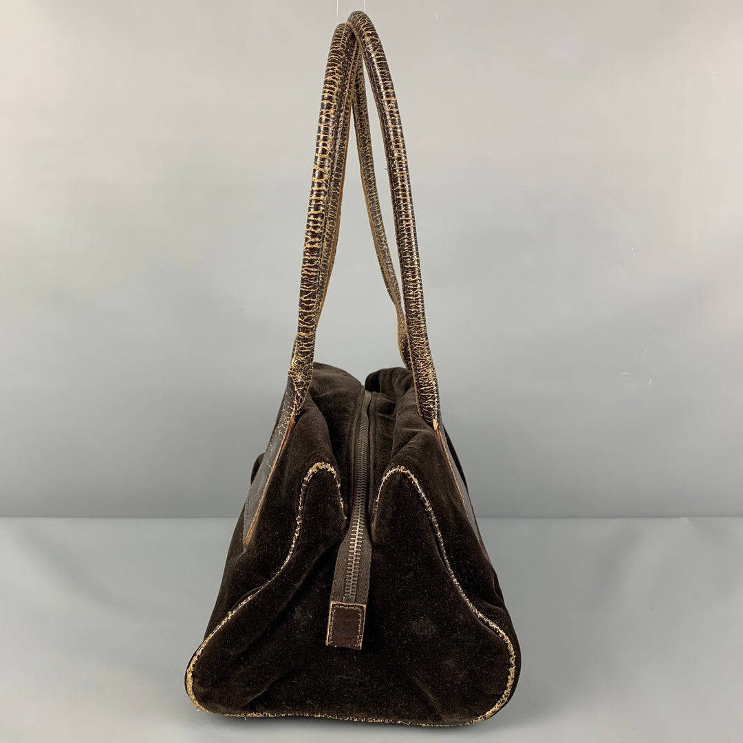 MIU MIU Brown Distressed Velvet Satchel Leather Handbag