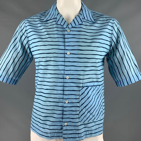 BAND OF OUTSIDERS Size L Blue Navy Stripe Cotton Short Sleeve Shirt