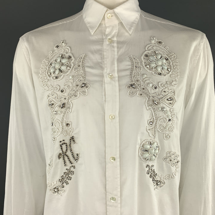 ROBERTO CAVALLI Size XXL White Cotton Beaded Rhinestone Floral Dress Shirt