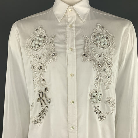 ROBERTO CAVALLI Taille XXL Chemise habillée florale en coton blanc perlé et strass