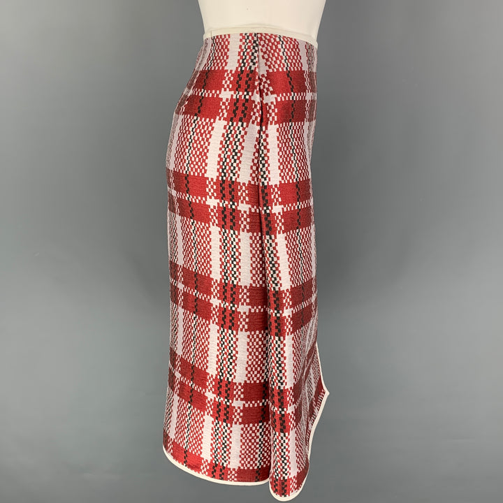 CELINE Size 2 Red Pink Polyester Blend Checkered A-Line Mid-Calf Skirt
