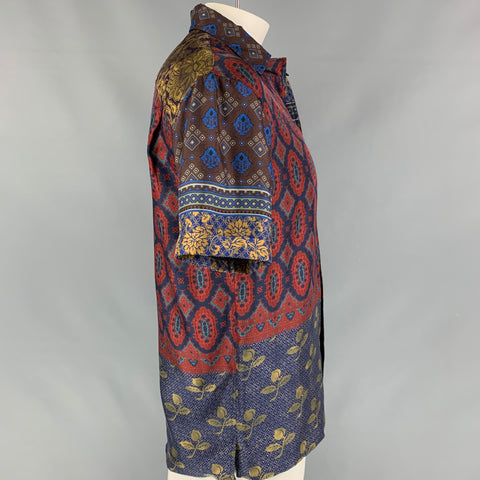 PIERRE-LOUIS MASCIA Taille XL Chemise à manches courtes Camp en soie marine et bordeaux