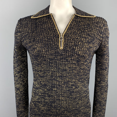 DRIES VAN NOTEN Size L Black & Metallic Gold Ribbed Knit Wool Blend Half Zip Pullover