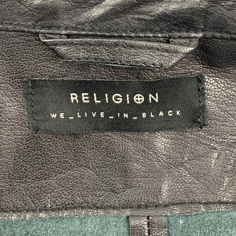 RELIGION Size XL Black Leather Zip Up Jacket