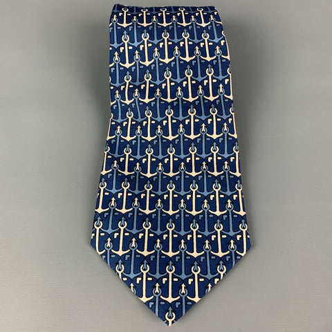HERMES 547 1A Navy White Anchors Silk Tie