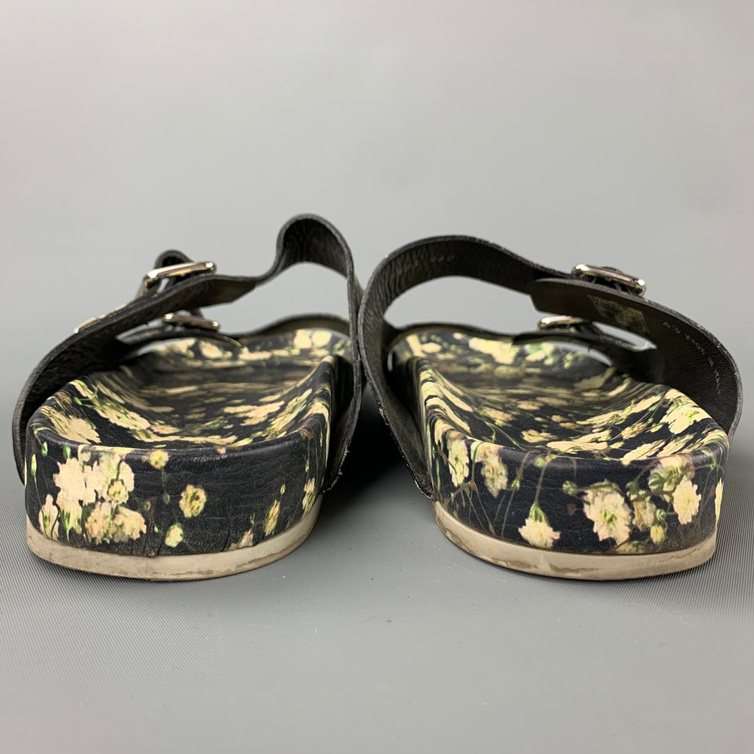 GIVENCHY S/S 15 Size 10 Black & White Floral Leather Belted Sandals