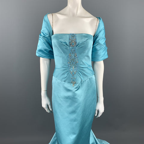 REEM ACRA Size M Blue Silk Strapless Beaded Gown & Bolero Shrug