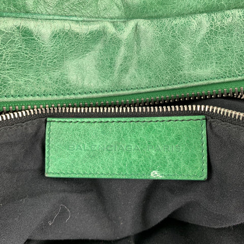 BALENCIAGA Distressed Green Leather Top Handles Handbag