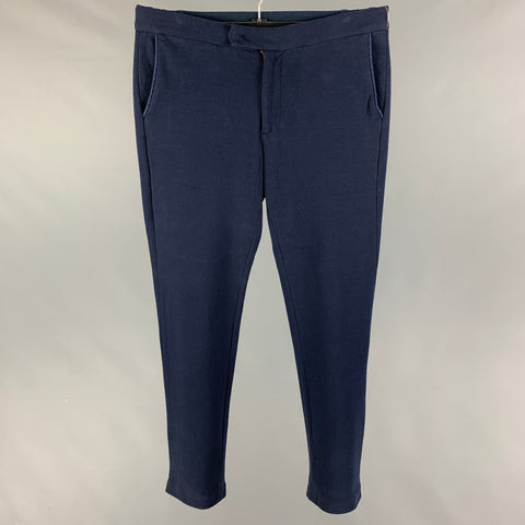 L'ESTRANGE Size L Navy Textured Cotton Polyamide Flat Front Casual Pants