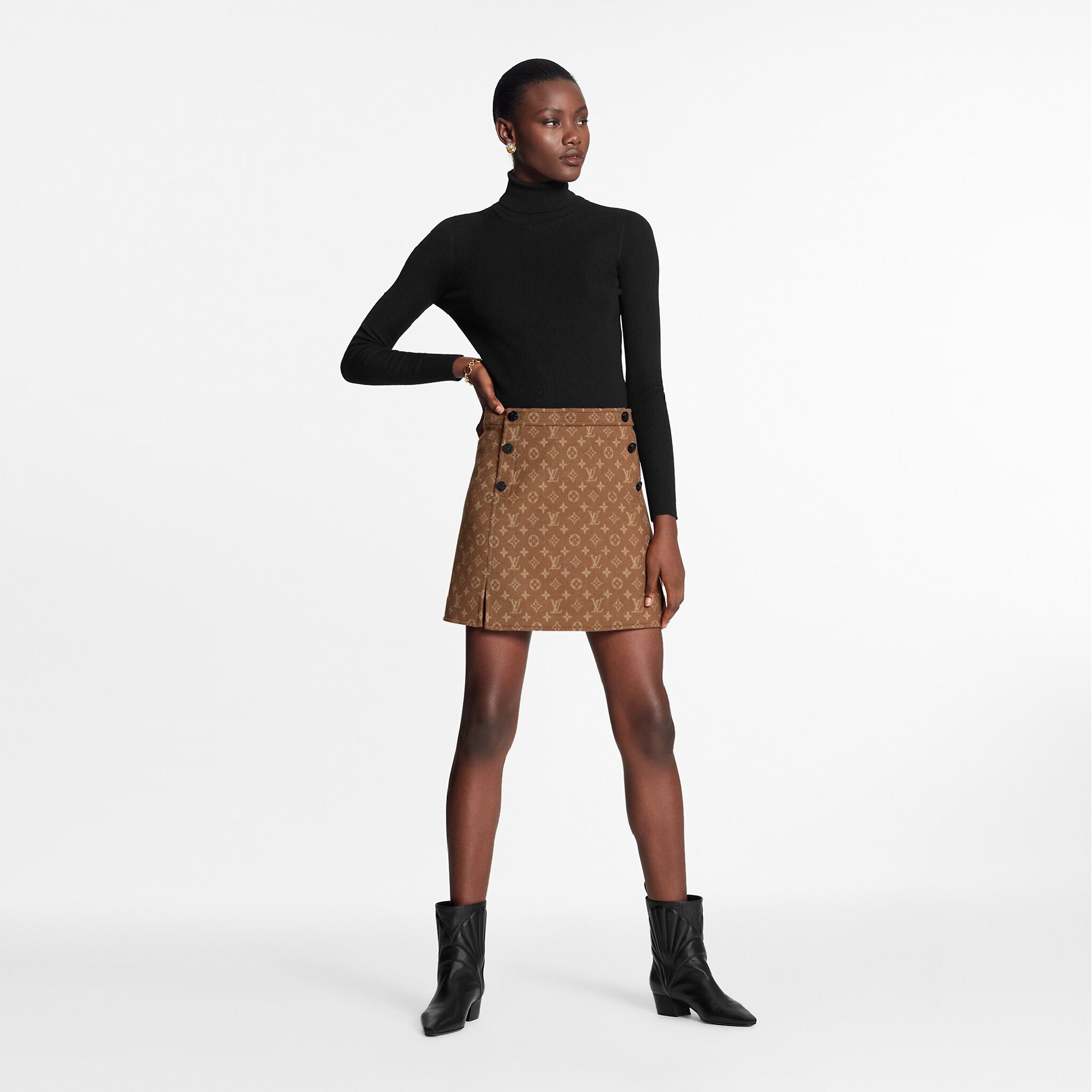 LOUIS VUITTON Size 4 Tan Wool / Silk A-line Monogram Mini Skirt