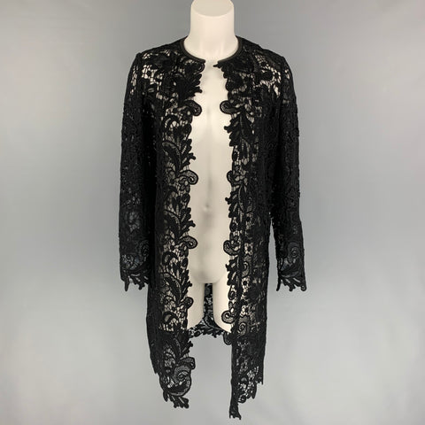 RALPH LAUREN Black Label Taille 4 Noir Coton Dentelle Garniture En Cuir Ouvert Manteau Avant