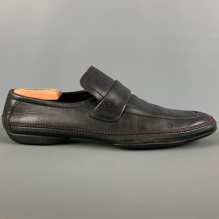GUCCI Size 12 Black Contrast Stitch Leather Slip On Loafers