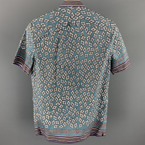 BURBERRY PRORSUM Spring 2013 Size S Teal & Purple Print Cotton Short Sleeve Shirt
