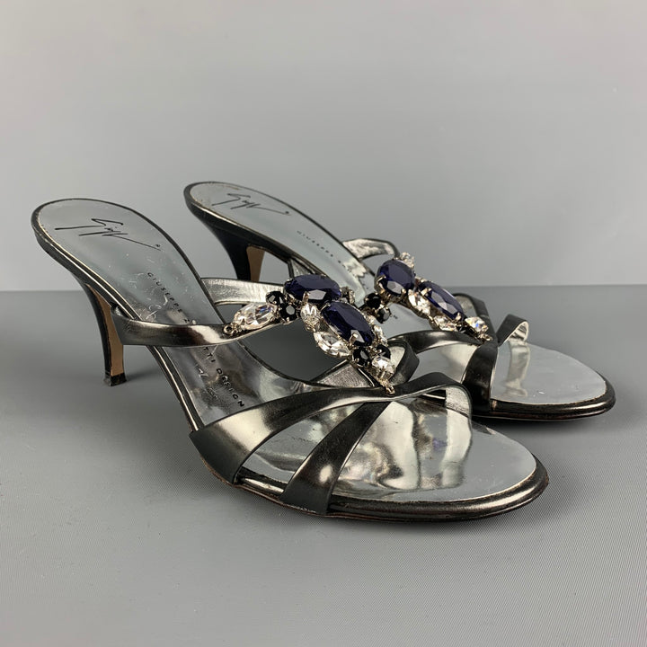 GIUSEPPE ZANOTTI Size 8.5 Silver Rhinestones Patent Leather Strappy Sandals
