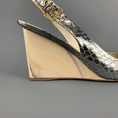 MIU MIU Size 7 Silver Snake Skin Peep Toe Slingback Wedge Sandals