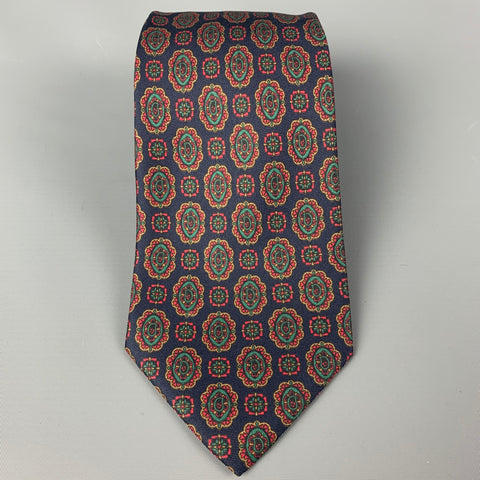 NEIMAN MARCUS Navy Multi-color Abstract Floral Silk Tie