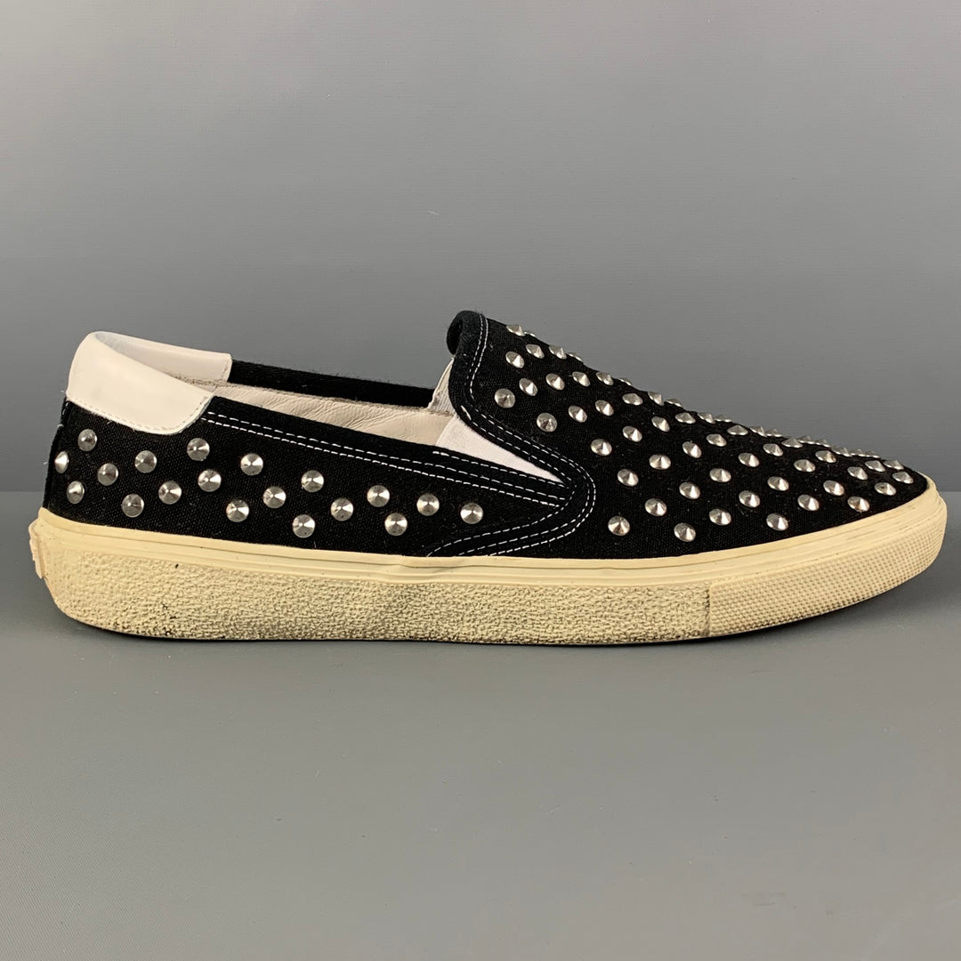 SAINT LAURENT Size 11 Black White Studded Canvas Slip On Sneakers