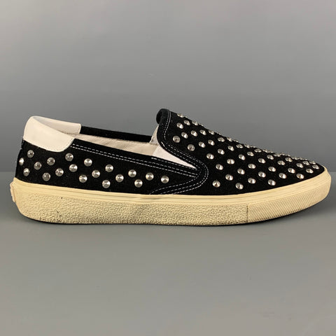 SAINT LAURENT Size 11 Black White Studded Canvas Slip On Sneakers