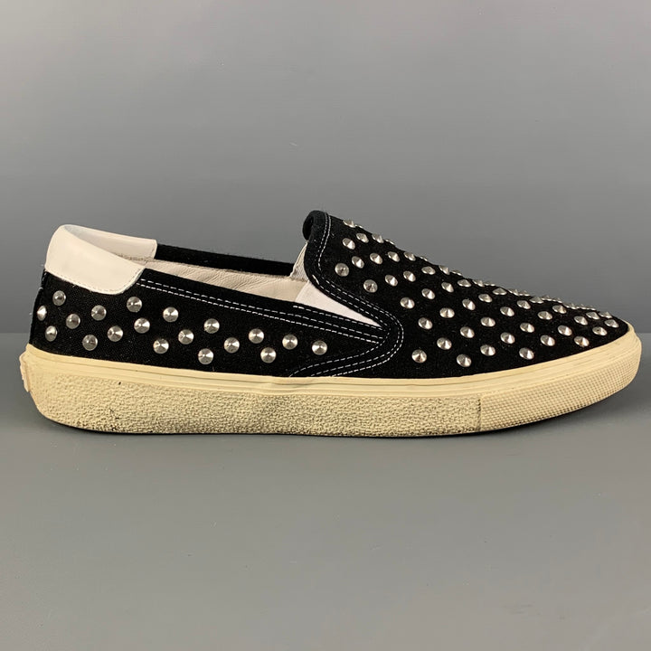 SAINT LAURENT Size 11 Black White Studded Canvas Slip On Sneakers