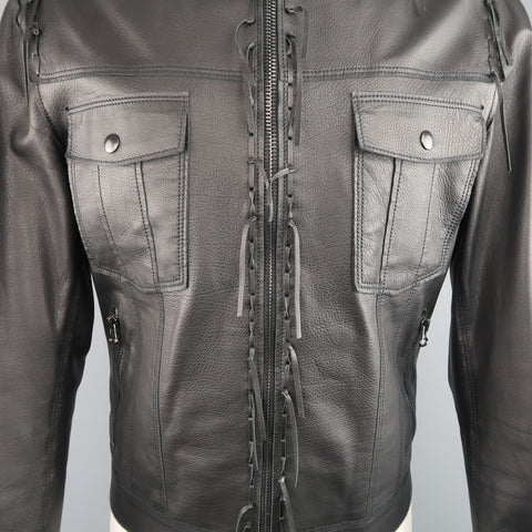 LANVIN US 42 / IT 52 Black Leather Fringe Trim Green Collar Bomber Jacket