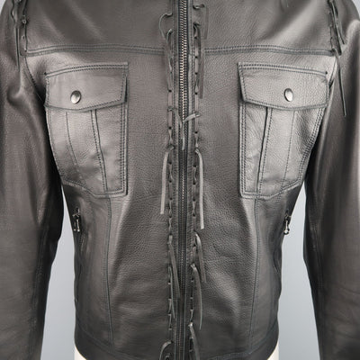 LANVIN US 42 / IT 52 Black Leather Fringe Trim Green Collar Bomber Jacket